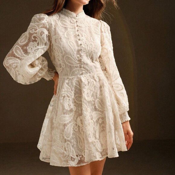 Apricot Elegant Women's Christmas Dress with Stand Collar & Floral Embroidery - Picture 6 of 9